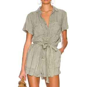 Bella Dhal khaki romper tie button collar short utility linen rolled hem tencel